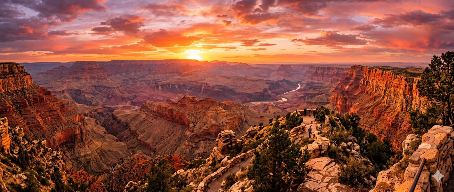 Panoramic view of the Grand Canyon at sunset with dramatic orange and red rock formations